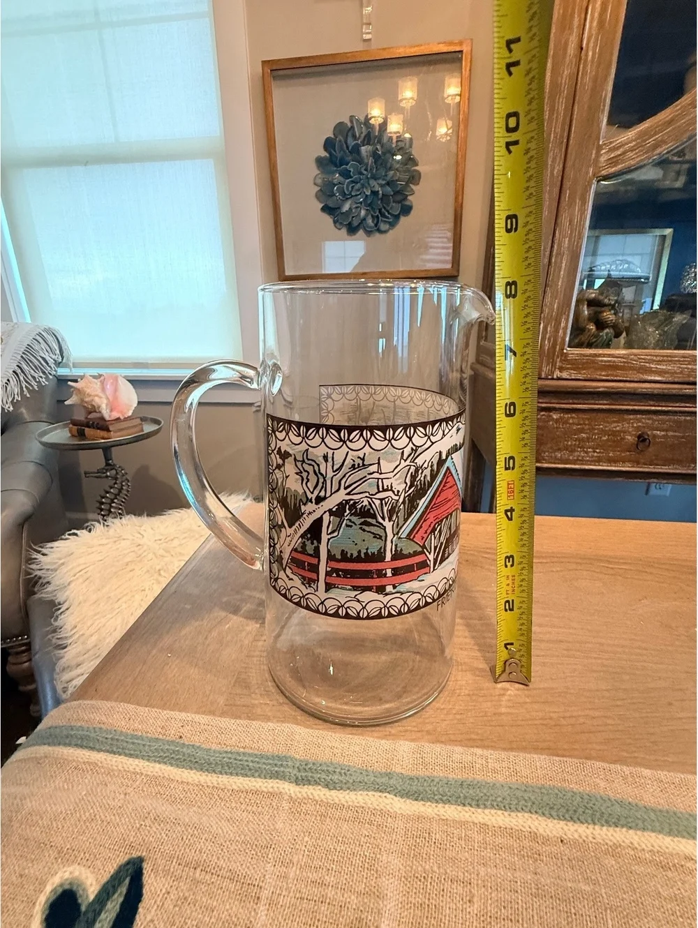 Vintage Glass Pitcher with Scenic 'Friendly Village' Design